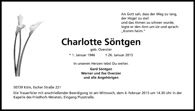  Traueranzeige für Charlotte Söntgen vom 31.01.2015 aus Kölner Stadt-Anzeiger / Kölnische Rundschau / Express