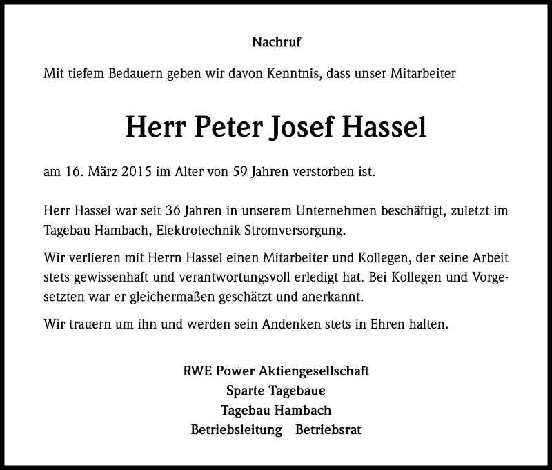  Traueranzeige für Peter Josef Hassel vom 27.03.2015 aus Kölner Stadt-Anzeiger / Kölnische Rundschau / Express