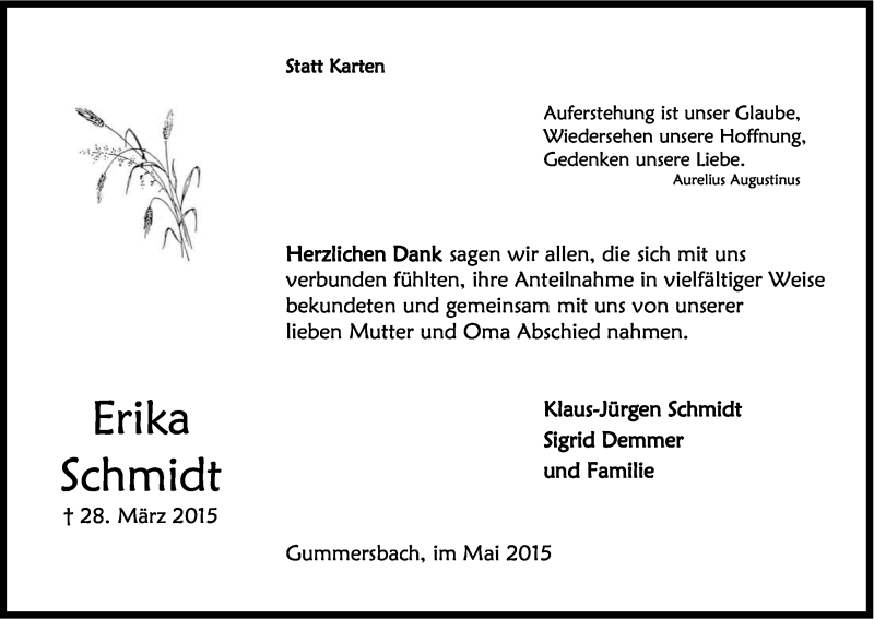  Traueranzeige für Erika Schmidt vom 16.05.2015 aus Kölner Stadt-Anzeiger / Kölnische Rundschau / Express