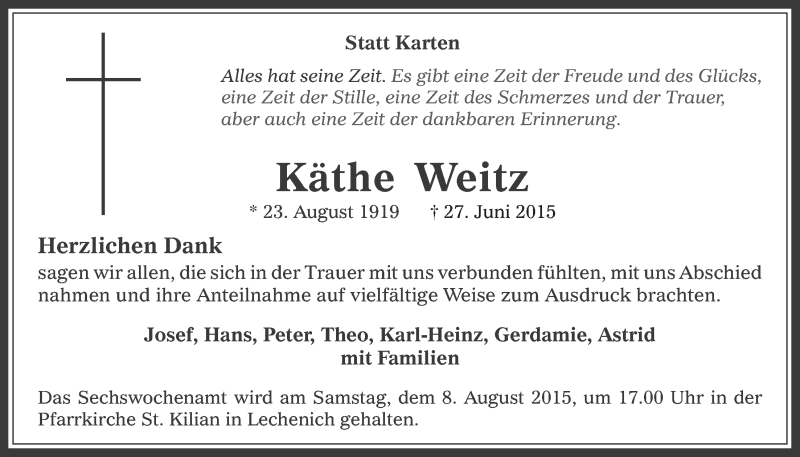  Traueranzeige für Käthe Weitz vom 29.07.2015 aus  Werbepost 