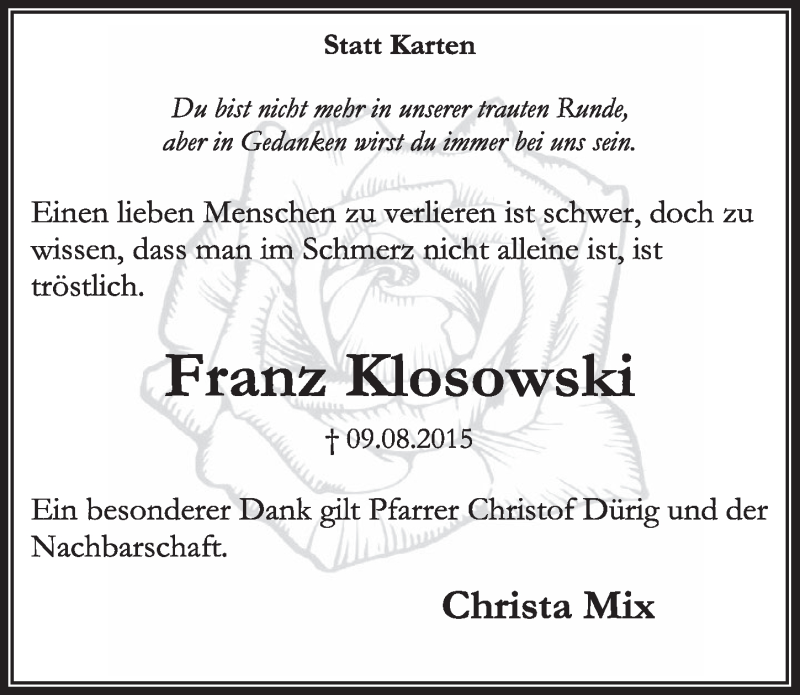  Traueranzeige für Franz Klosowski vom 29.08.2015 aus  Sonntags-Post 