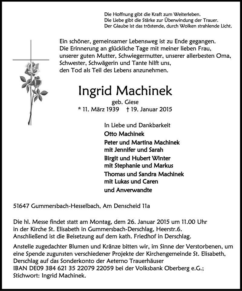  Traueranzeige für Ingrid Machinek vom 22.01.2015 aus Kölner Stadt-Anzeiger / Kölnische Rundschau / Express