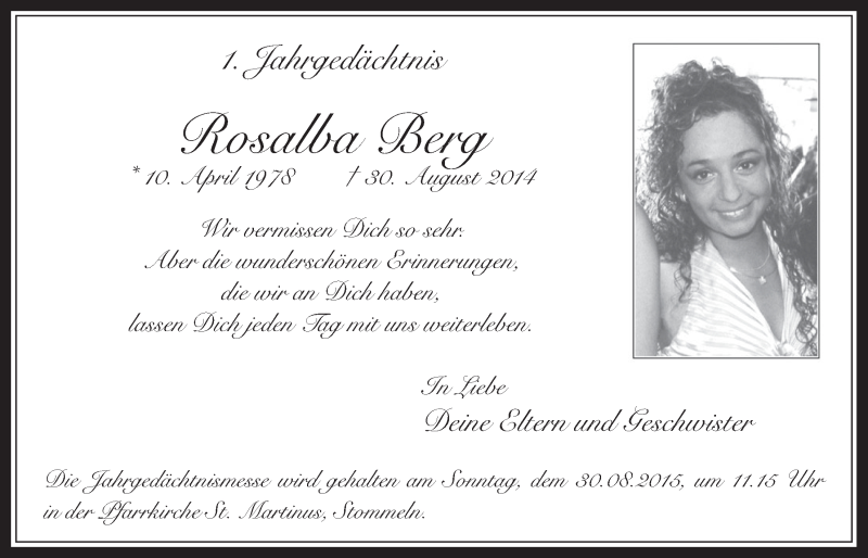  Traueranzeige für Rosalba Berg vom 26.08.2015 aus  Wochenende 