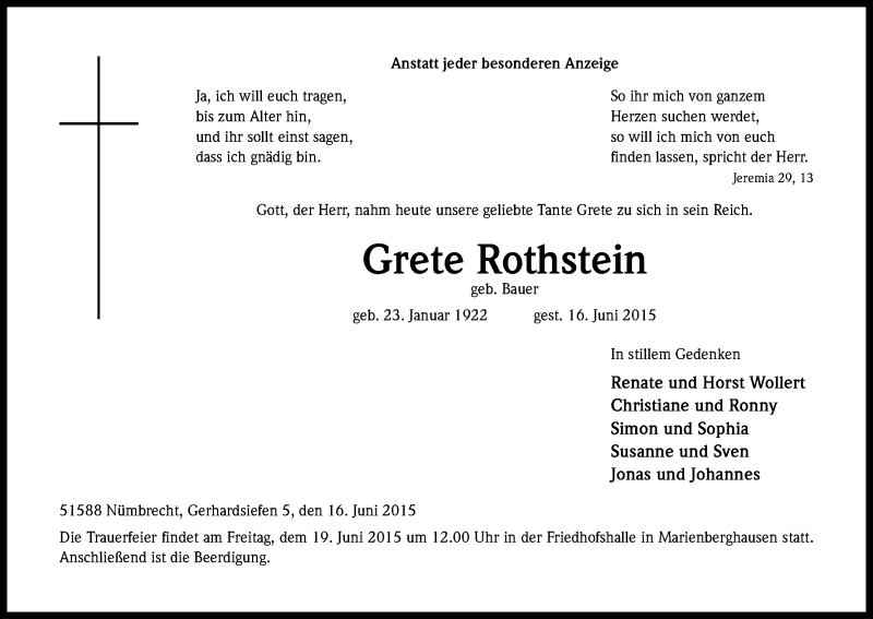  Traueranzeige für Grete Rothstein vom 18.06.2015 aus Kölner Stadt-Anzeiger / Kölnische Rundschau / Express