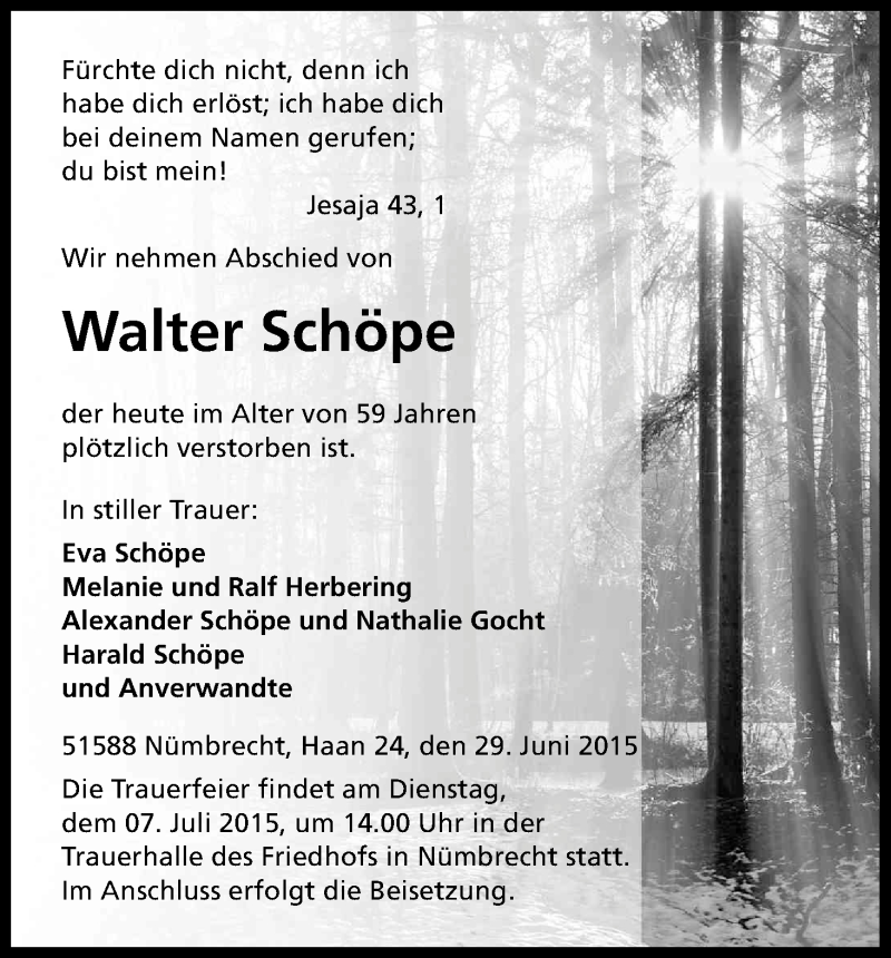 Traueranzeige für Walter Schöpe vom 04.07.2015 aus Kölner Stadt-Anzeiger / Kölnische Rundschau / Express
