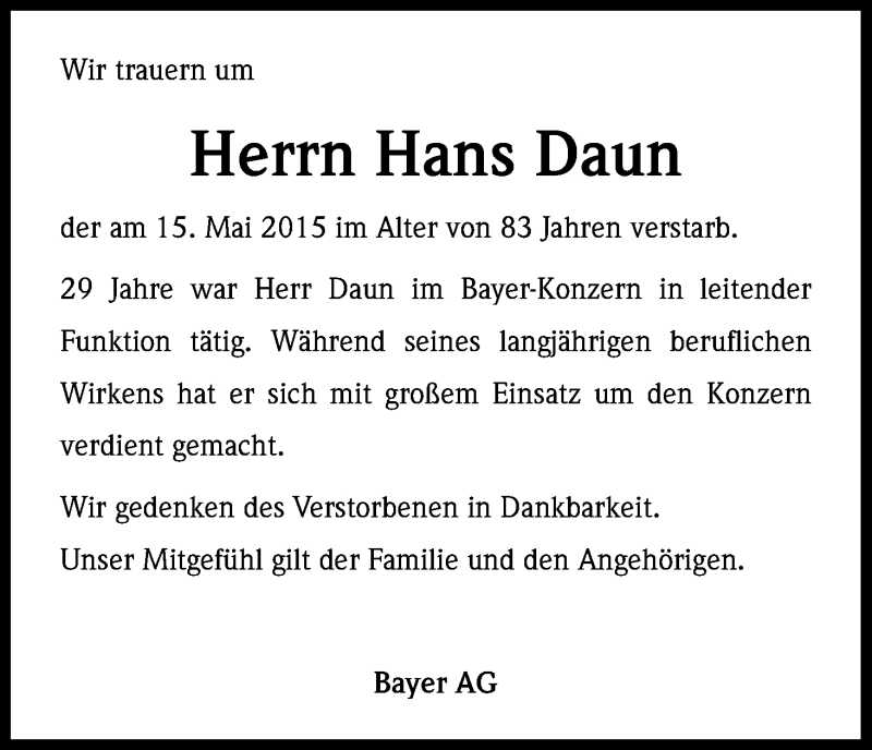  Traueranzeige für Hans Daun vom 21.05.2015 aus Kölner Stadt-Anzeiger / Kölnische Rundschau / Express