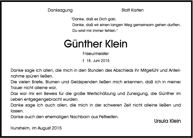  Traueranzeige für Günther Klein vom 05.08.2015 aus  Anzeigen Echo 