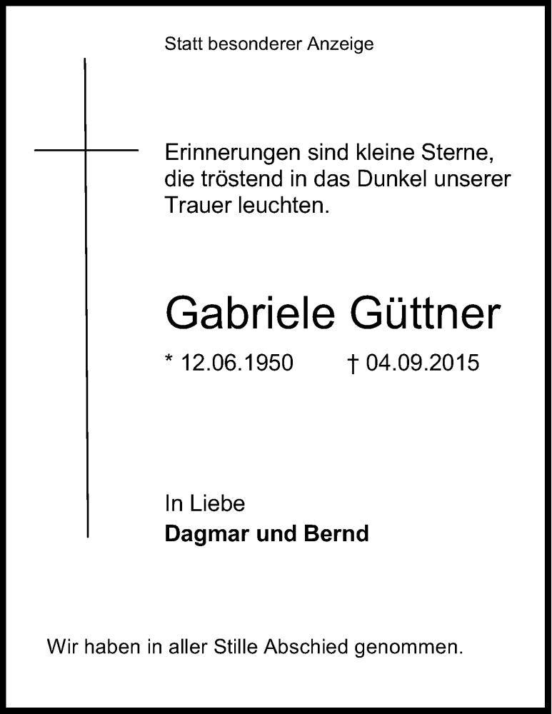  Traueranzeige für Gabriele Güttner vom 02.10.2015 aus Kölner Stadt-Anzeiger / Kölnische Rundschau / Express