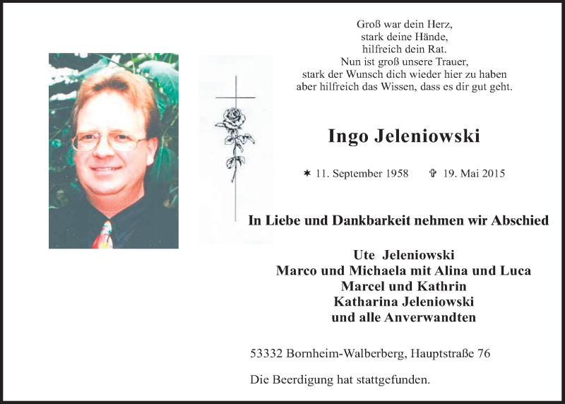  Traueranzeige für Ingo Jeleniowski vom 27.05.2015 aus  Schlossbote/Werbekurier 