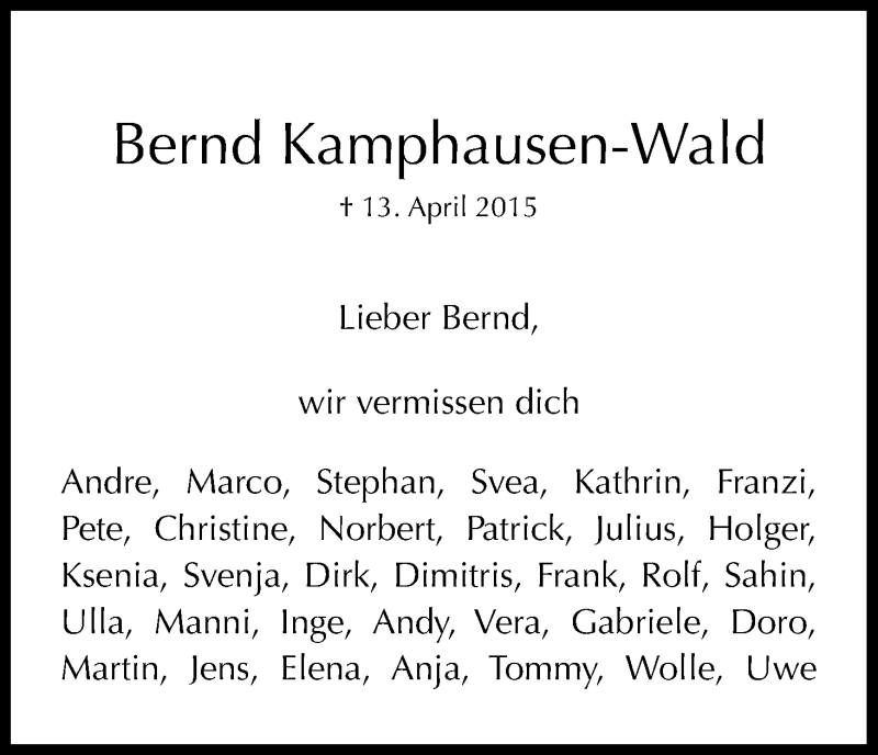  Traueranzeige für Bernd Kamphausen-Wald vom 18.04.2015 aus Kölner Stadt-Anzeiger / Kölnische Rundschau / Express