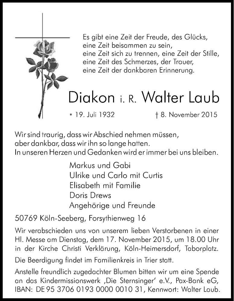  Traueranzeige für Walter Laub vom 14.11.2015 aus Köln - Wir Trauern