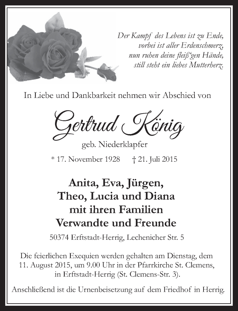  Traueranzeige für Gertrud König vom 05.08.2015 aus  Werbepost 