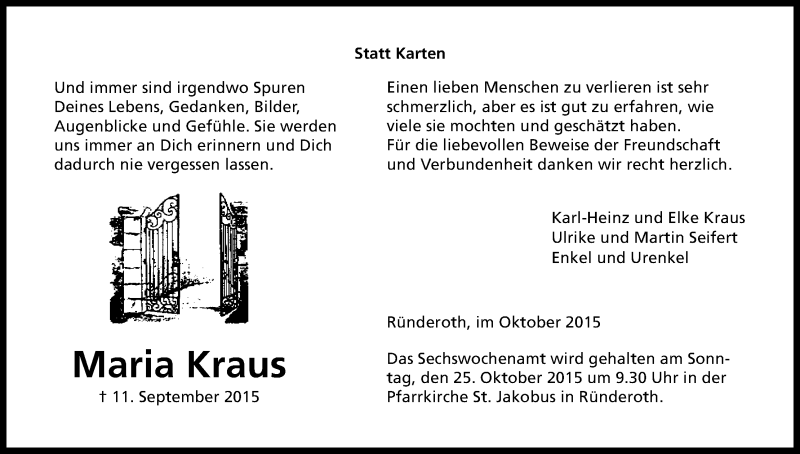  Traueranzeige für Maria Kraus vom 24.10.2015 aus Kölner Stadt-Anzeiger / Kölnische Rundschau / Express