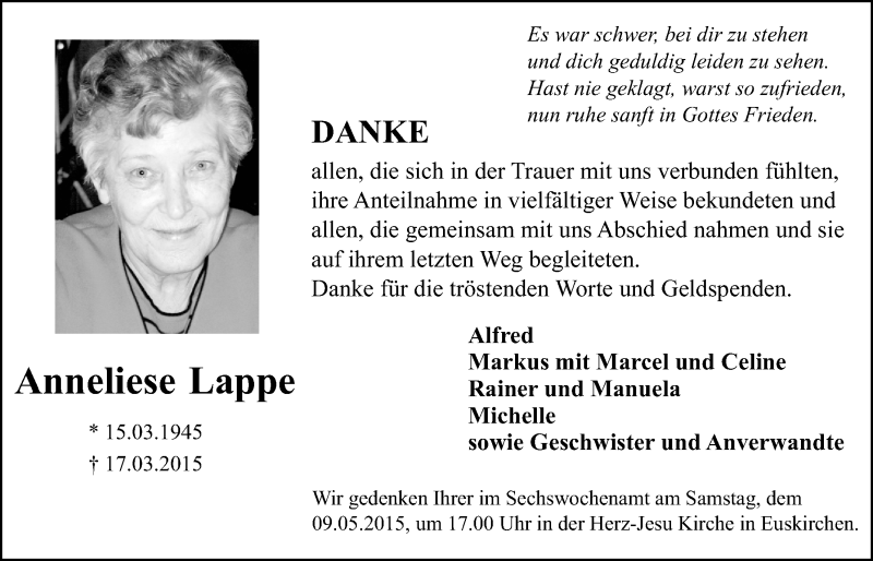 Traueranzeige für Anneliese Lappe vom 03.05.2015 aus  Blickpunkt Euskirchen 