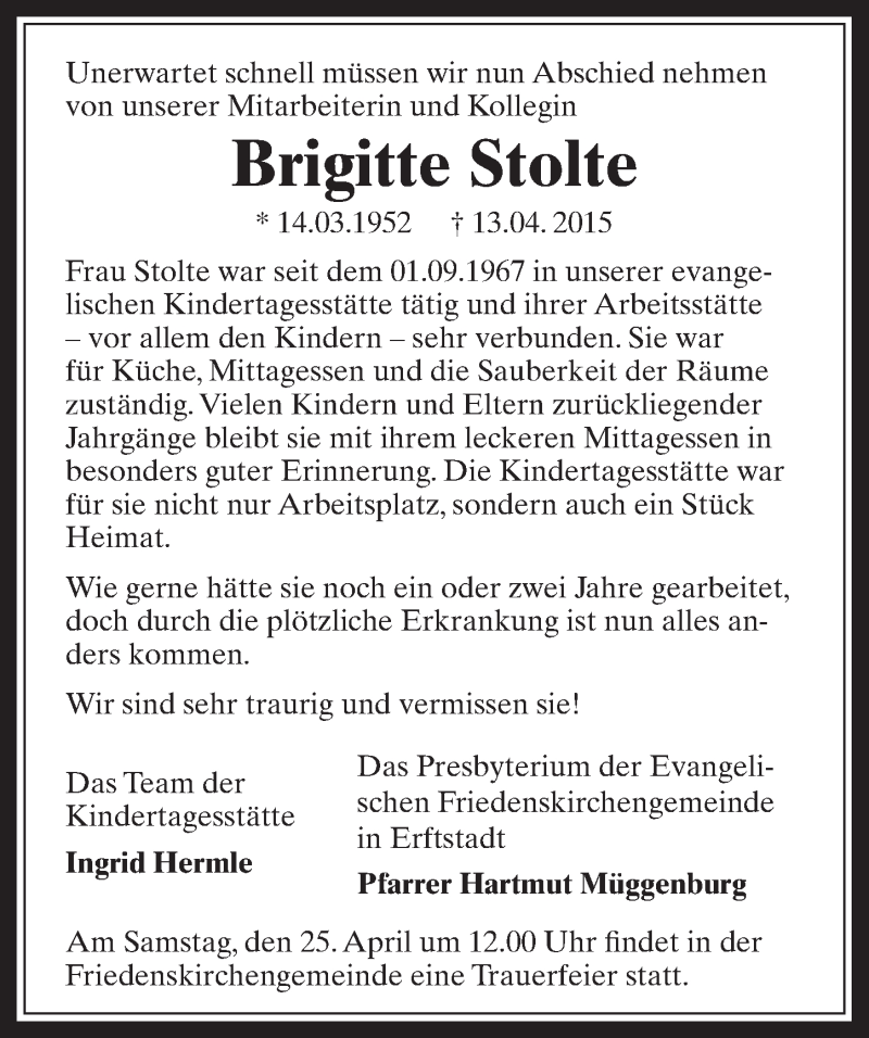  Traueranzeige für Brigitte Stolte vom 25.04.2015 aus  Sonntags-Post 