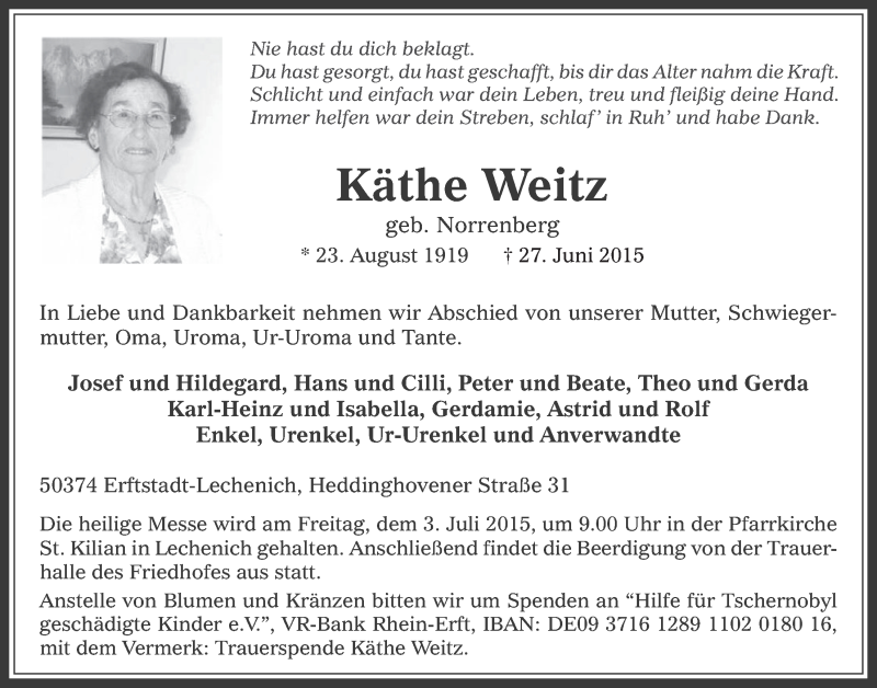  Traueranzeige für Käthe Weitz vom 01.07.2015 aus  Werbepost 