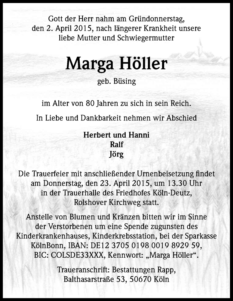  Traueranzeige für Marga Höller vom 18.04.2015 aus Kölner Stadt-Anzeiger / Kölnische Rundschau / Express