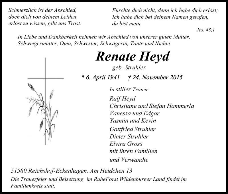  Traueranzeige für Renate Heyd vom 27.11.2015 aus Kölner Stadt-Anzeiger / Kölnische Rundschau / Express