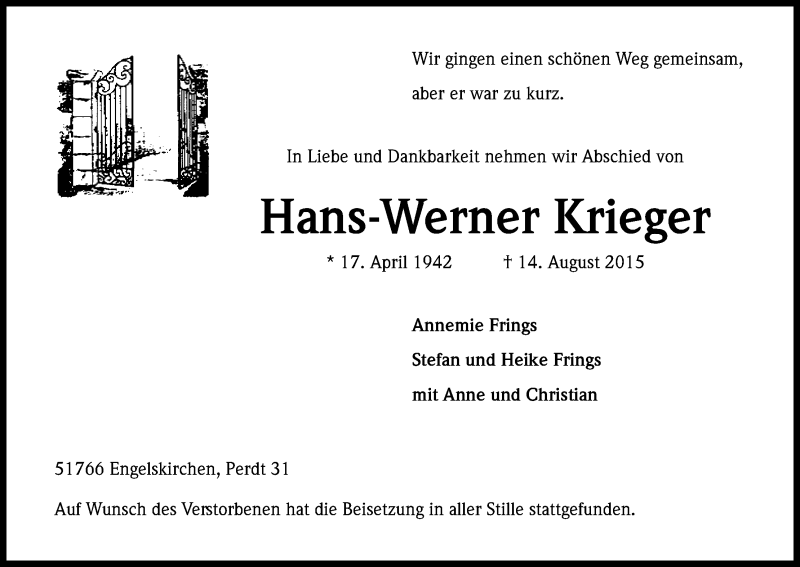  Traueranzeige für Hans-Werner Krieger vom 29.08.2015 aus Kölner Stadt-Anzeiger / Kölnische Rundschau / Express