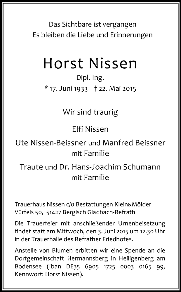  Traueranzeige für Horst Nissen vom 29.05.2015 aus Kölner Stadt-Anzeiger / Kölnische Rundschau / Express