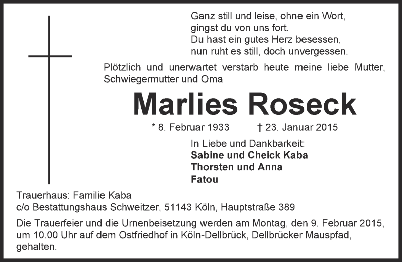  Traueranzeige für Marlies Roseck vom 04.02.2015 aus  Kölner Wochenspiegel 