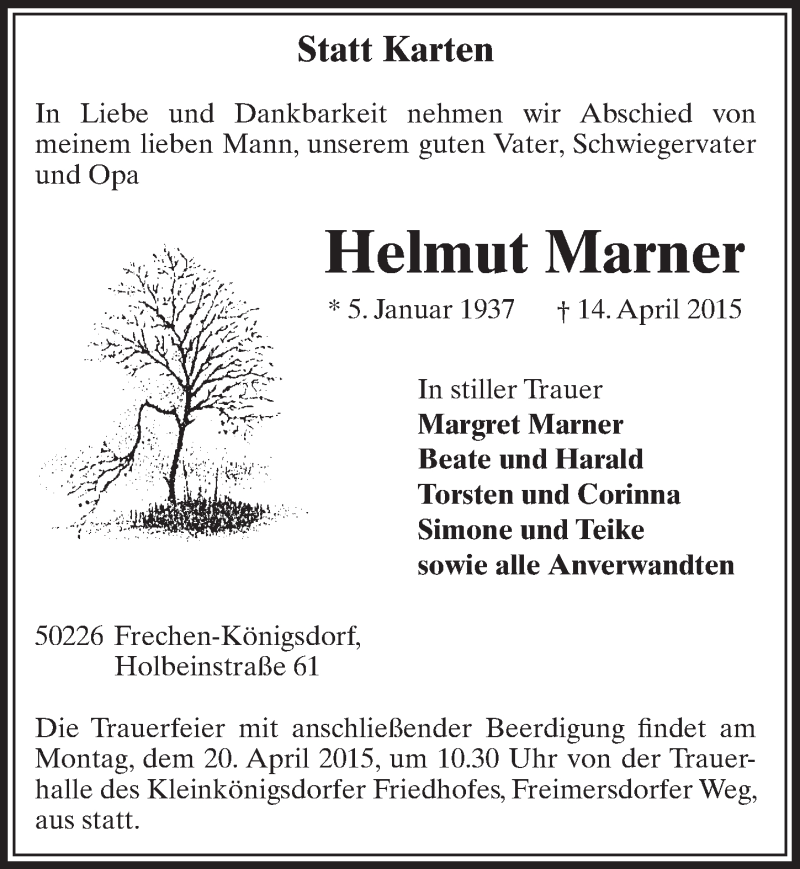  Traueranzeige für Helmut Marner vom 18.04.2015 aus  Sonntags-Post 