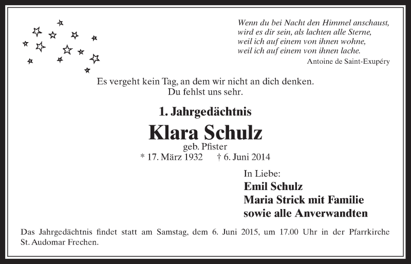  Traueranzeige für Klara Schulz vom 27.05.2015 aus  Wochenende 