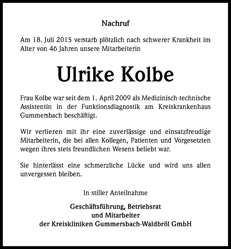  Traueranzeige für Ulrike Kolbe vom 24.07.2015 aus Kölner Stadt-Anzeiger / Kölnische Rundschau / Express