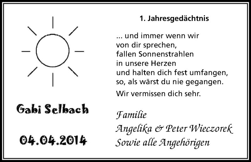  Traueranzeige für Gabi Selbach vom 11.04.2015 aus Kölner Stadt-Anzeiger / Kölnische Rundschau / Express
