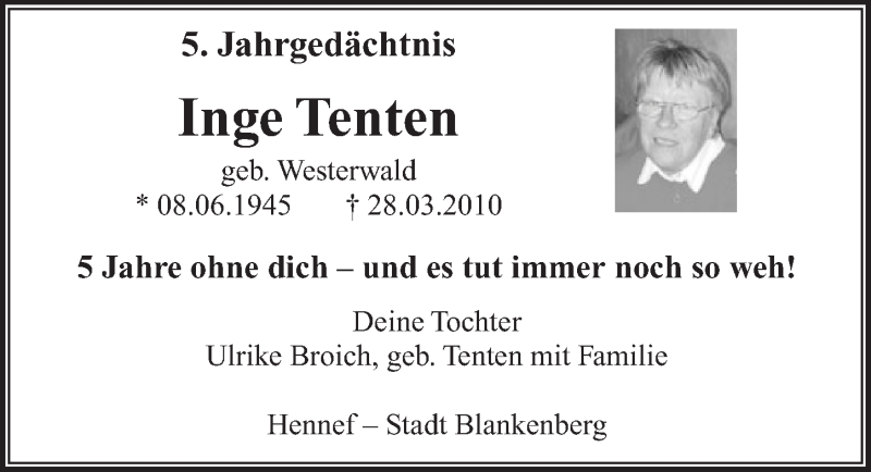  Traueranzeige für Inge Tenten vom 28.03.2015 aus  Rhein-Sieg-Wochenende 