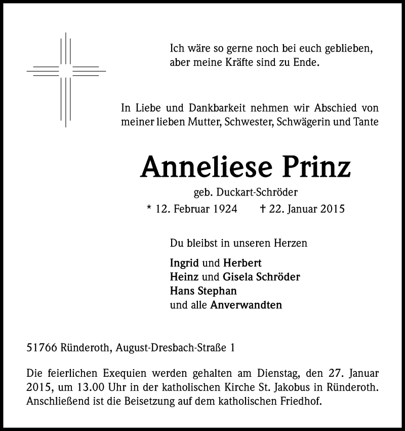  Traueranzeige für Anneliese Prinz vom 24.01.2015 aus Kölner Stadt-Anzeiger / Kölnische Rundschau / Express