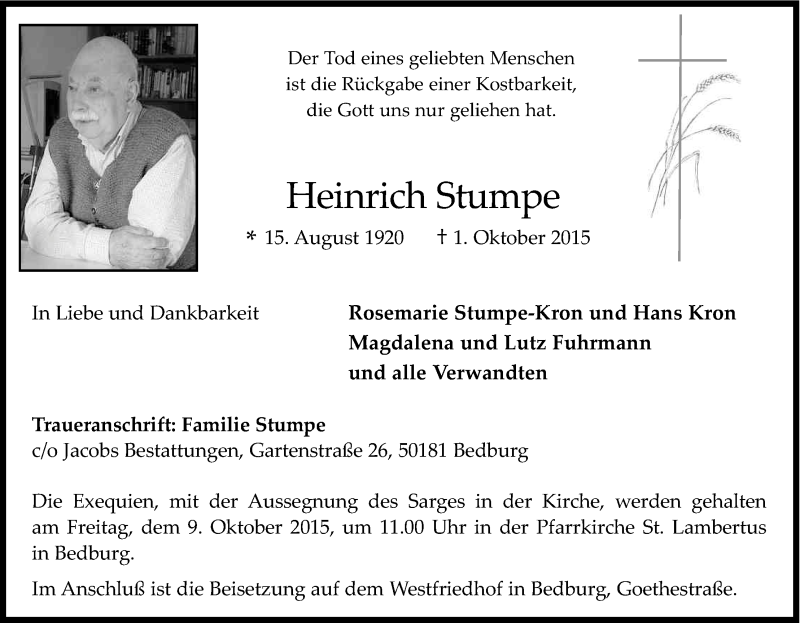  Traueranzeige für Heinrich Stumpe vom 06.10.2015 aus Kölner Stadt-Anzeiger / Kölnische Rundschau / Express