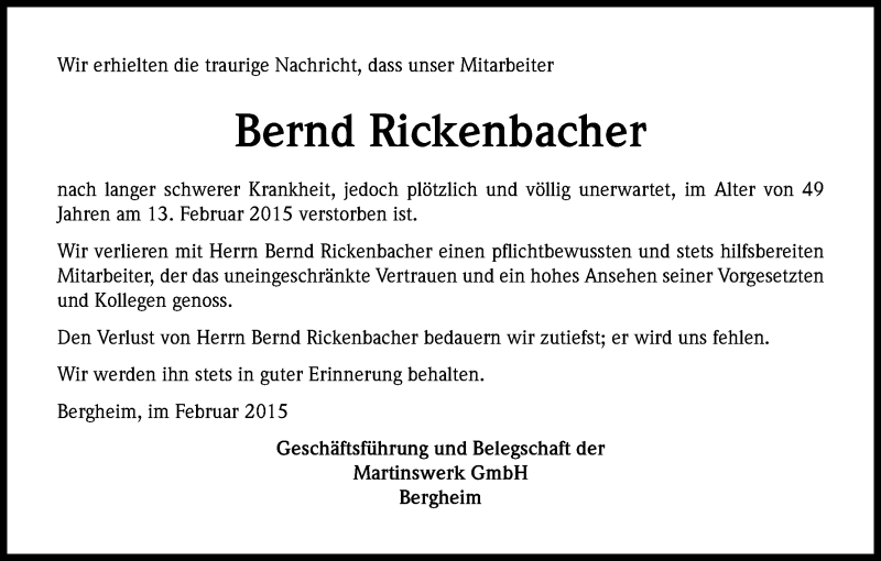  Traueranzeige für Bernd Rickenbacher vom 24.02.2015 aus Kölner Stadt-Anzeiger / Kölnische Rundschau / Express