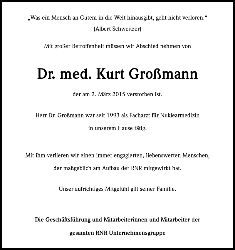  Traueranzeige für Kurt Großmann vom 07.03.2015 aus Kölner Stadt-Anzeiger / Kölnische Rundschau / Express