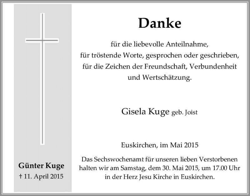  Traueranzeige für Günter Kuge vom 24.05.2015 aus  Blickpunkt Euskirchen 