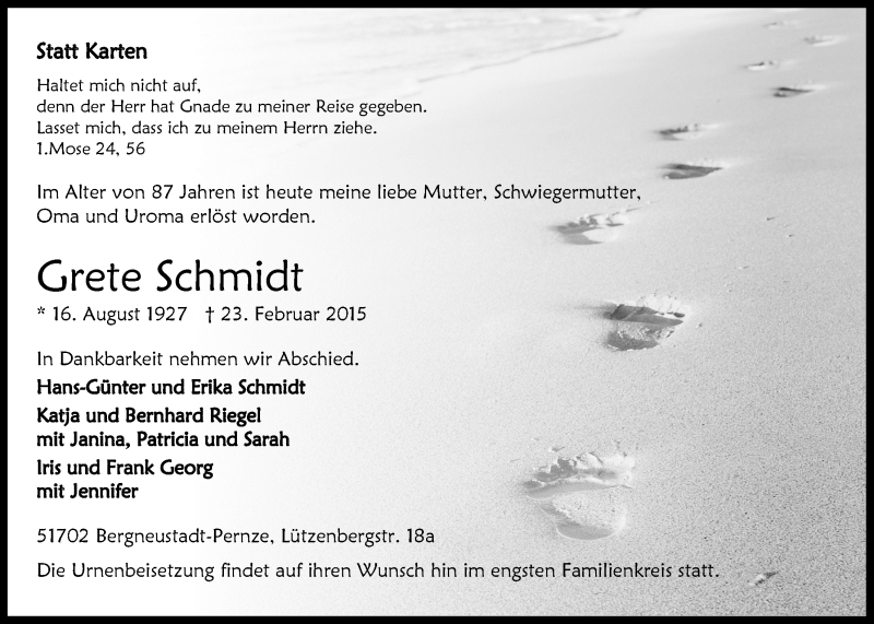  Traueranzeige für Grete Schmidt vom 04.03.2015 aus  Anzeigen Echo 
