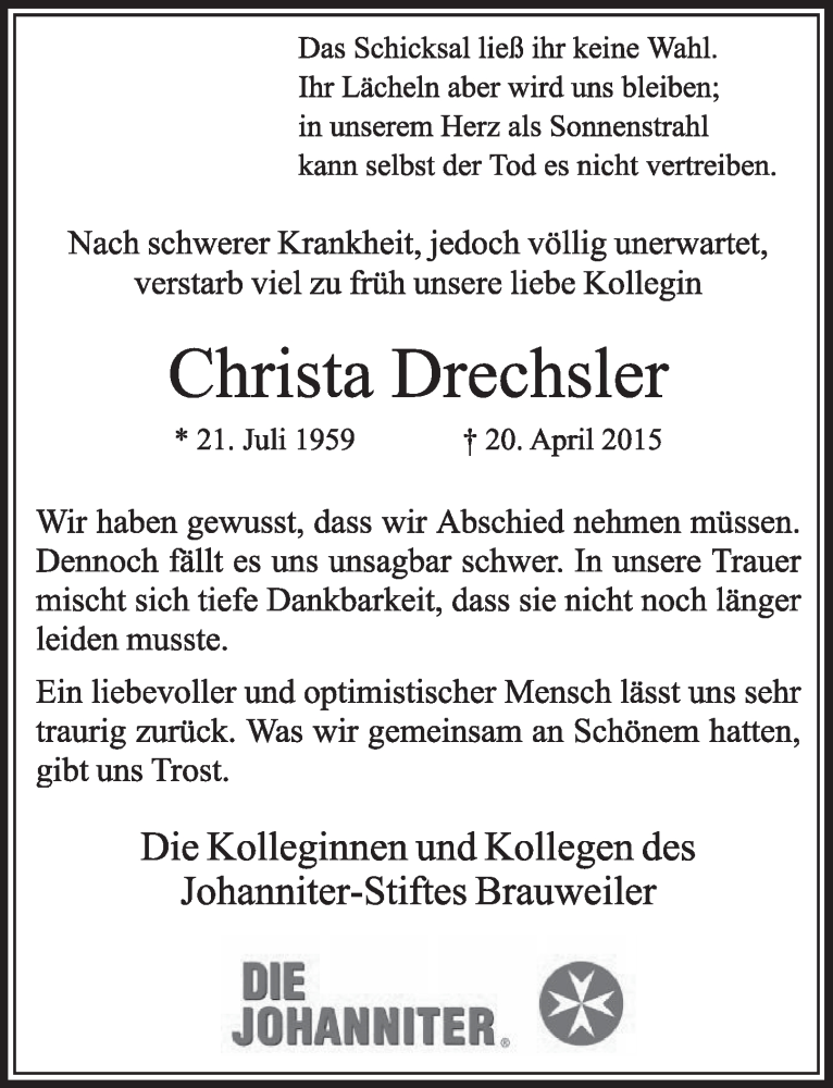 Traueranzeige für Christa Drechsler vom 25.04.2015 aus  Sonntags-Post 