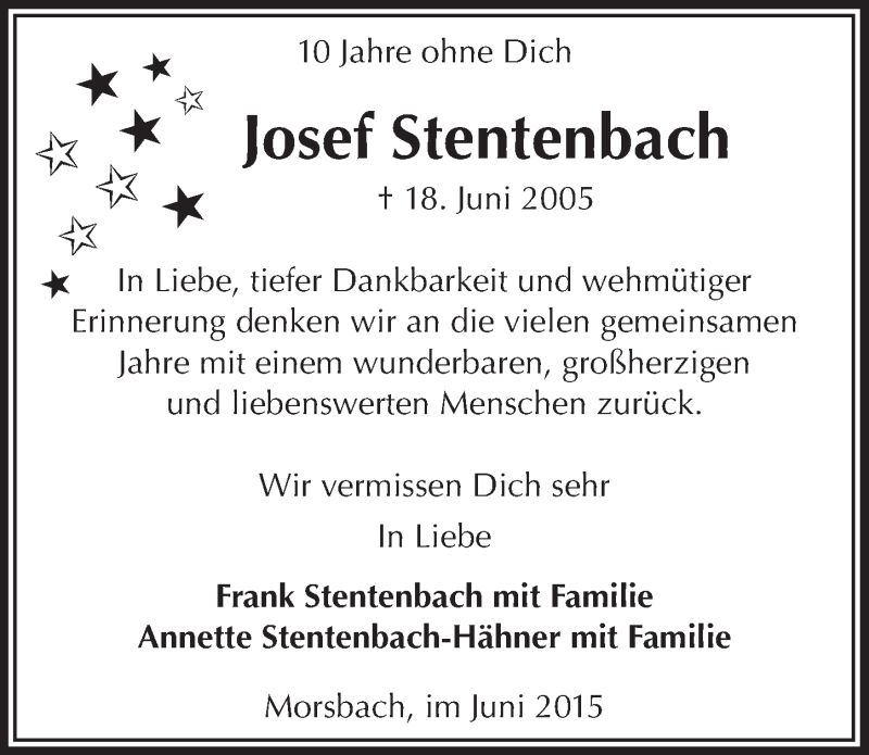  Traueranzeige für Josef Stentenbach vom 24.06.2015 aus  Lokalanzeiger 