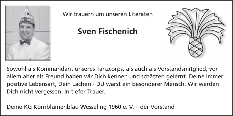  Traueranzeige für Sven Fischenich vom 08.04.2015 aus  Schlossbote/Werbekurier 