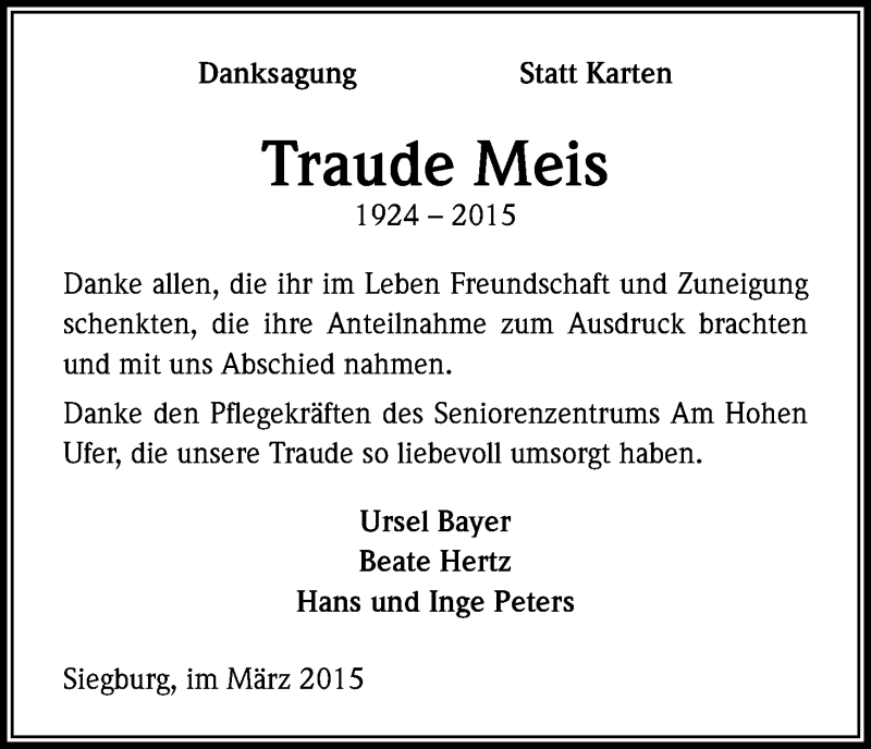  Traueranzeige für Traude Meis vom 27.03.2015 aus Kölner Stadt-Anzeiger / Kölnische Rundschau / Express