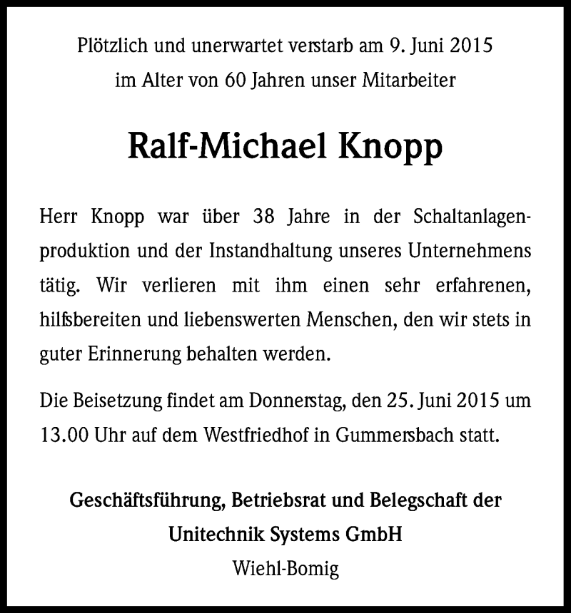  Traueranzeige für Ralf-Michael Knopp vom 24.06.2015 aus Kölner Stadt-Anzeiger / Kölnische Rundschau / Express