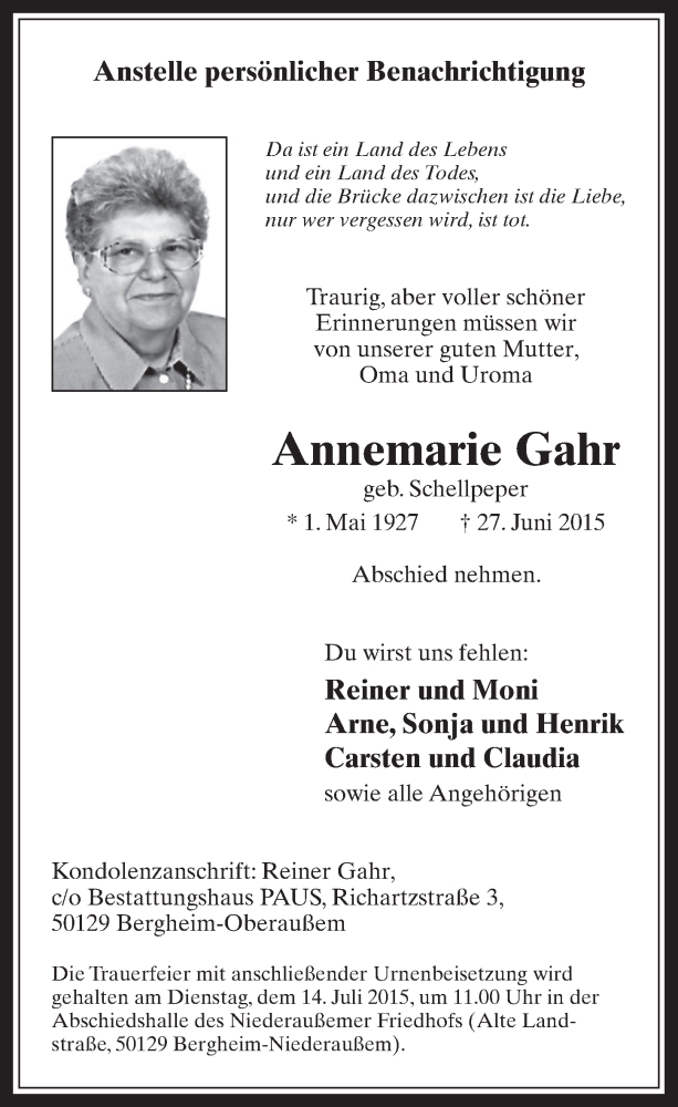  Traueranzeige für Annemarie Gahr vom 08.07.2015 aus  Werbepost 