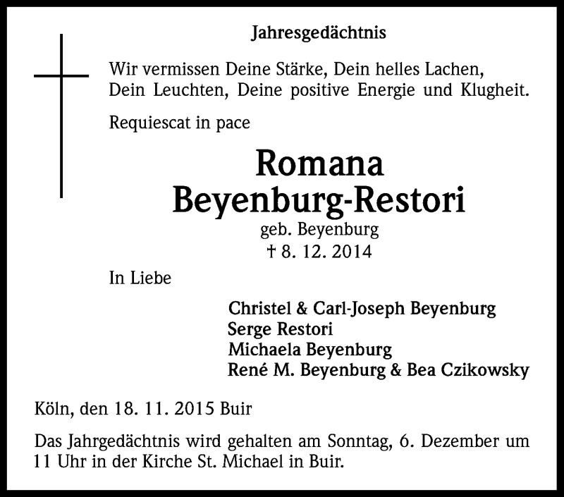  Traueranzeige für Romana Beyenburg-Restori vom 05.12.2015 aus Kölner Stadt-Anzeiger / Kölnische Rundschau / Express