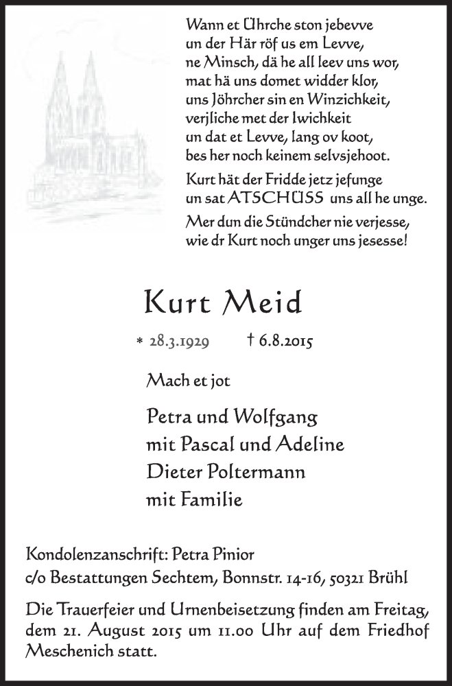  Traueranzeige für Kurt Meid vom 19.08.2015 aus  Schlossbote/Werbekurier 