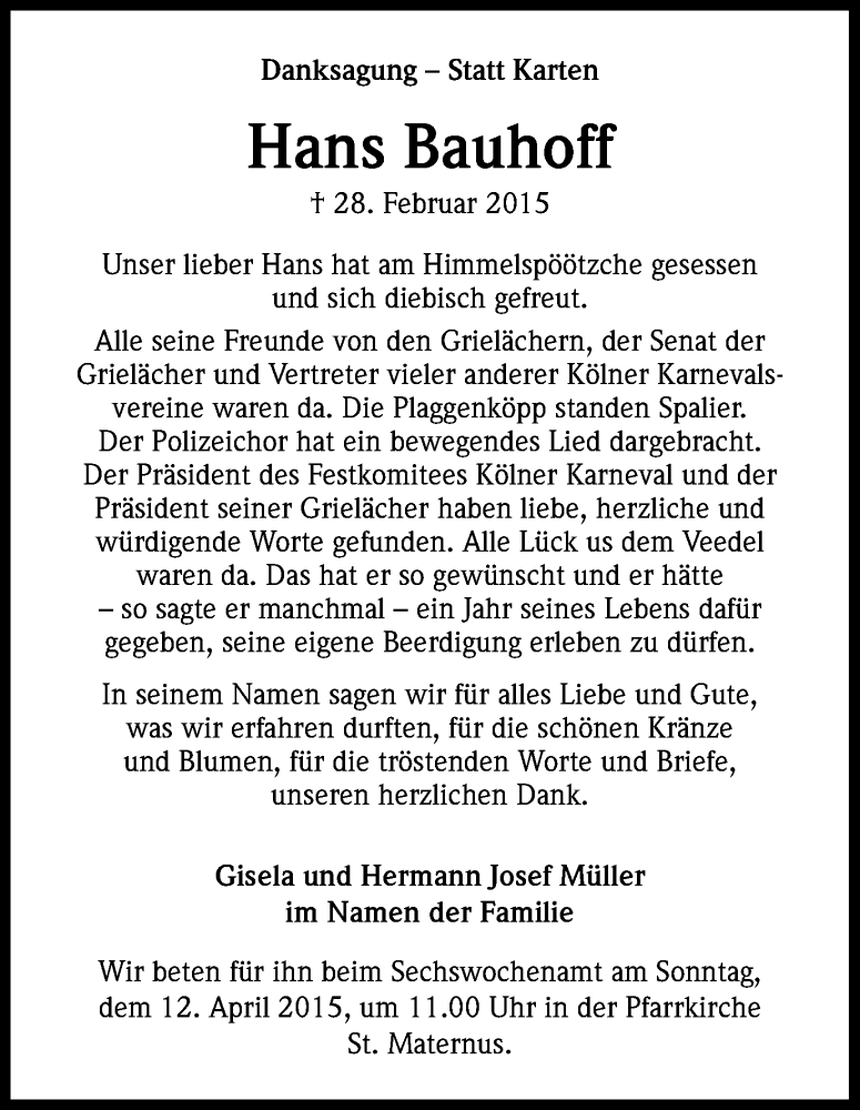  Traueranzeige für Hans Bauhoff vom 28.03.2015 aus Kölner Stadt-Anzeiger / Kölnische Rundschau / Express