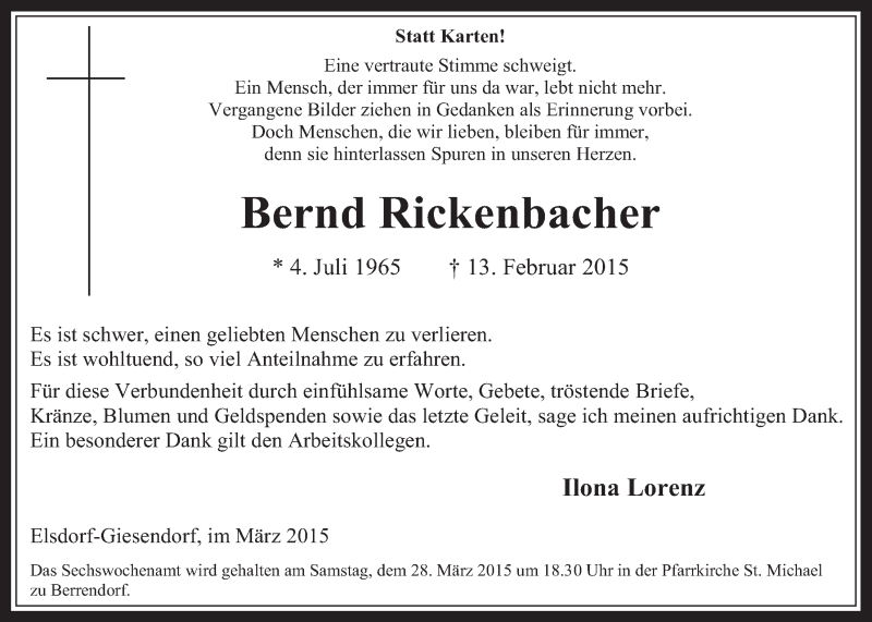  Traueranzeige für Bernd Rickenbacher vom 25.03.2015 aus  Werbepost 