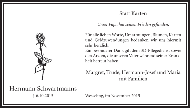  Traueranzeige für Hermann Schwartmanns vom 11.11.2015 aus  Schlossbote/Werbekurier 