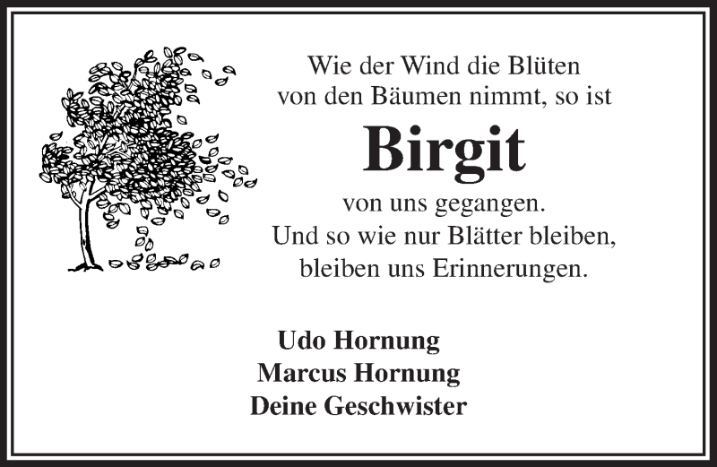 Traueranzeige für Birgit  vom 31.01.2015 aus  Bergisches Sonntagsblatt 