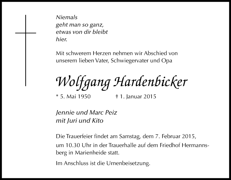  Traueranzeige für Wolfgang Hardenbicker vom 31.01.2015 aus Kölner Stadt-Anzeiger / Kölnische Rundschau / Express