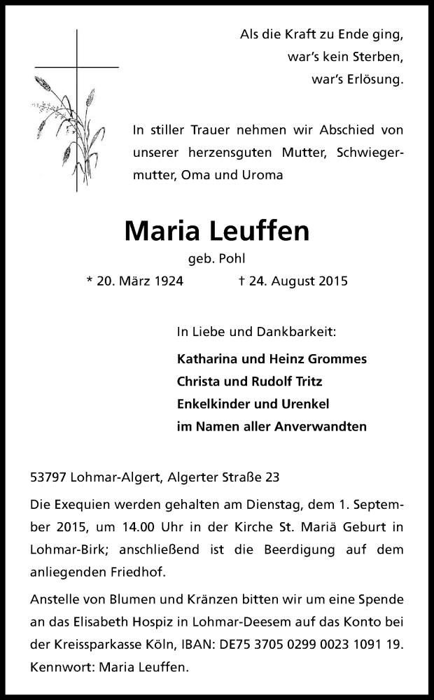  Traueranzeige für Maria Leuffen vom 27.08.2015 aus Kölner Stadt-Anzeiger / Kölnische Rundschau / Express
